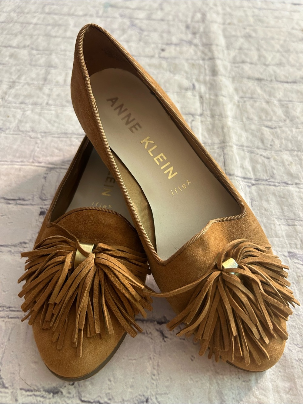 ANNE KLEIN IFLEX DIXIE CARMEL TAN SUEDE FRINGE TASSELS ON VAMP FLATS WOMEN/S 7.5 - Picture 10 of 10
